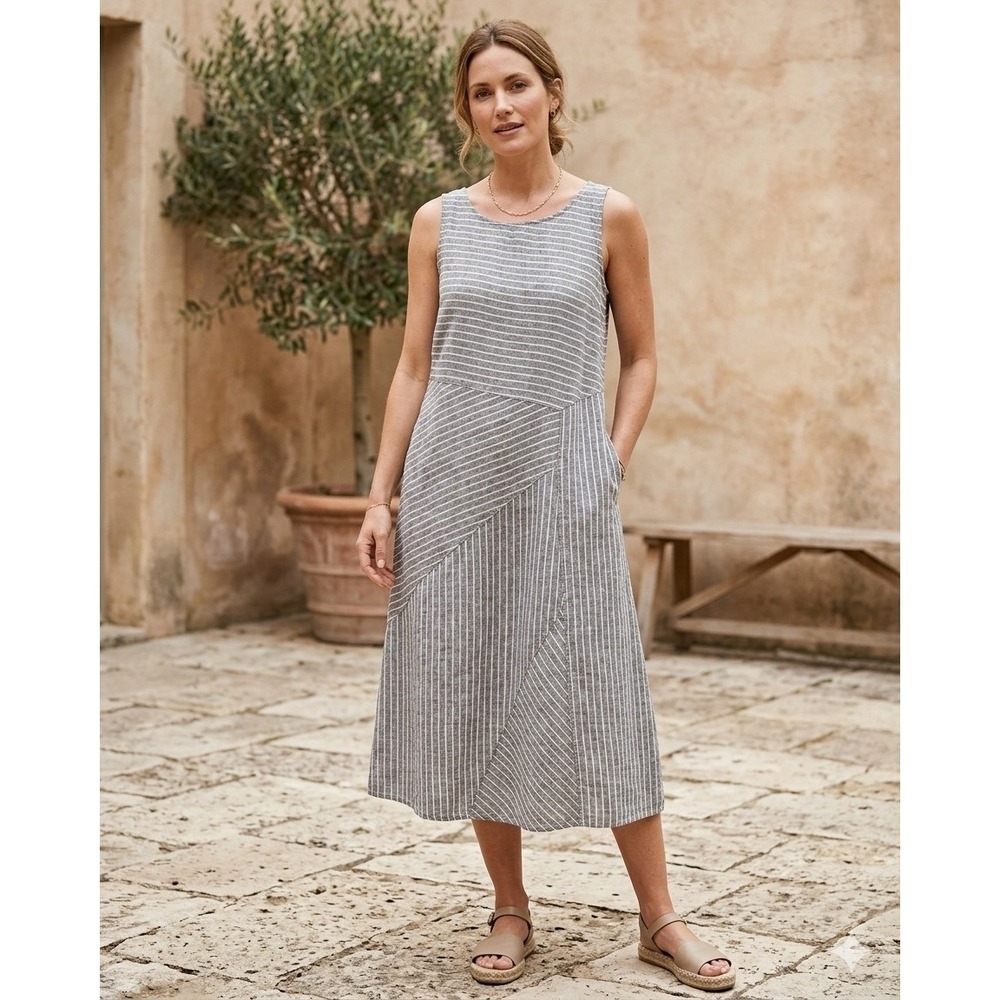 J. Jill Love Linen Striped Maxi Dress 100% Linen Size Large Petite Gray Coastal